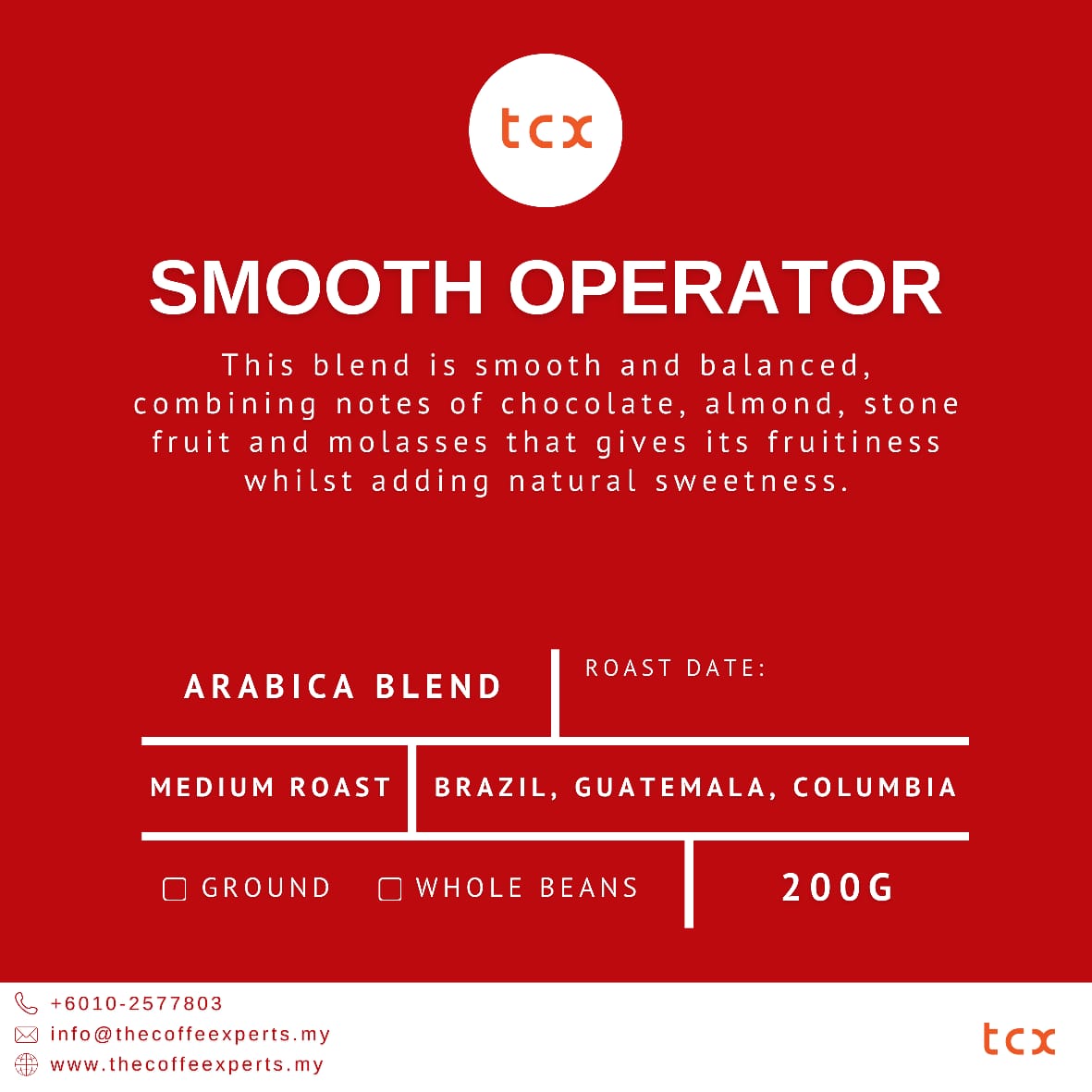 TCX - Smooth Operator (Medium Roast) (200g) Arabica Blend Coffee Beans